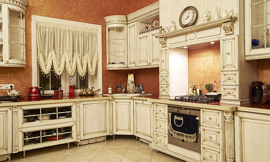 White coloured Vintage kitchen decors with white curtains