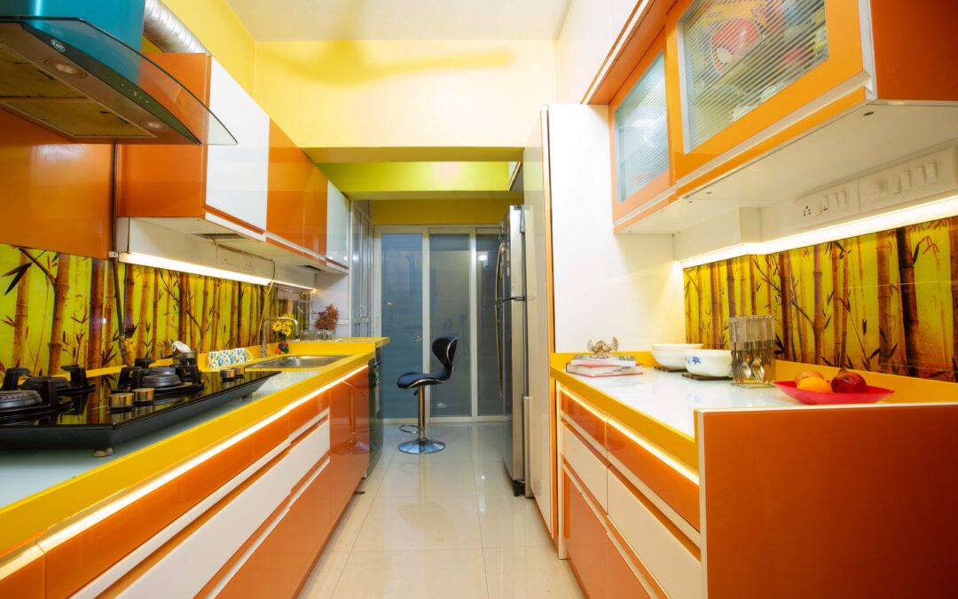 Parallel kitchen modular design with yellow lights